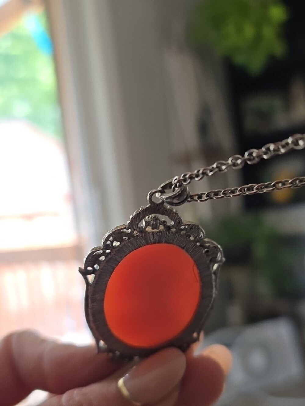 Pink Cameo Pendant Necklace with Ornate Silver Frame - Picture 9 of 11